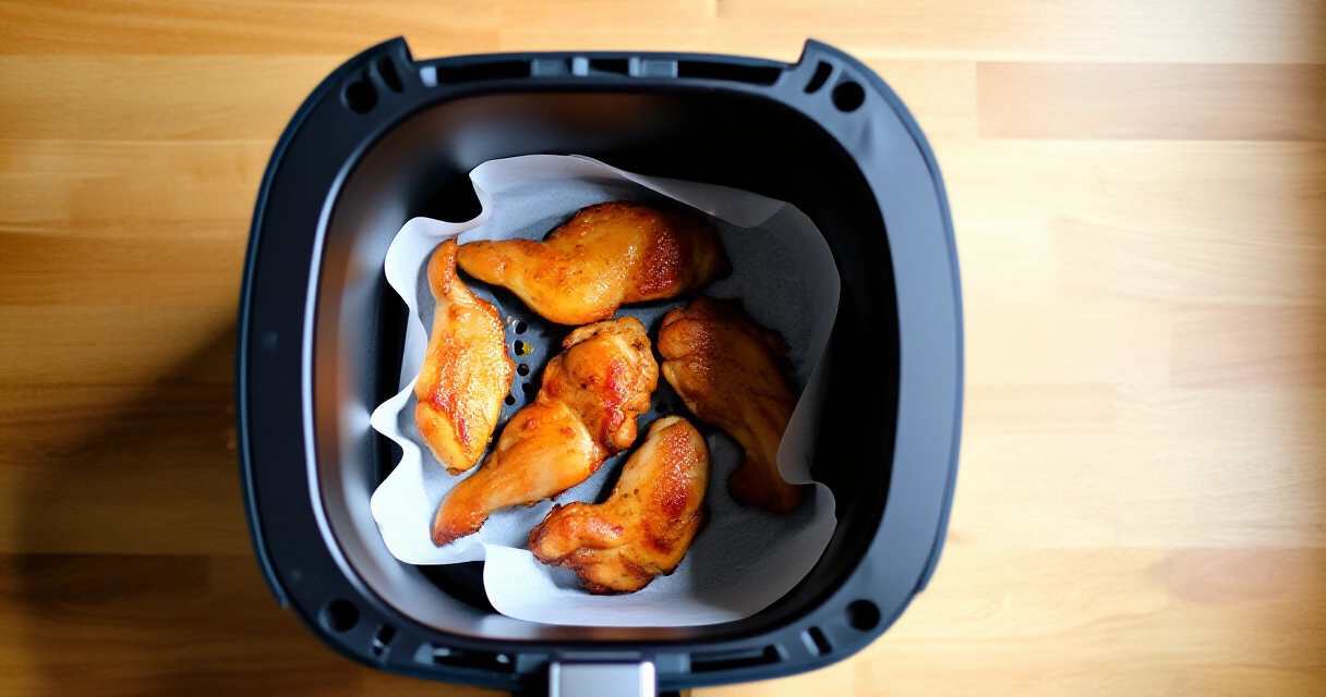 Kullanruskeat airfryerissa paistetut kanafilepalat airfryer-paperilla korin pohjalla