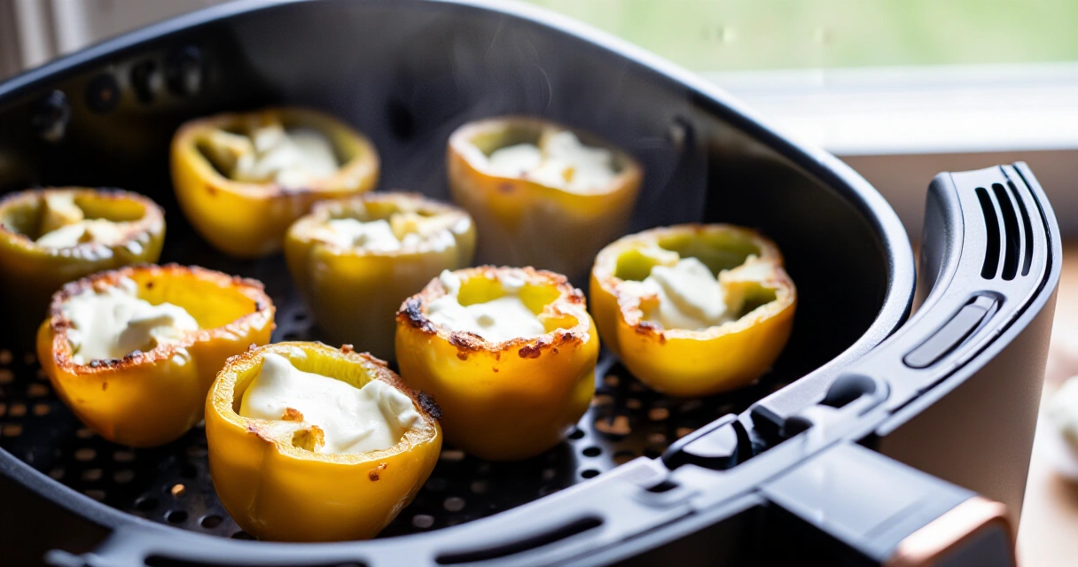 Rapeat jalapeno-poppersit airfryerin korissa kullanruskeina ja sulavalla tuorejuustotäytteellä