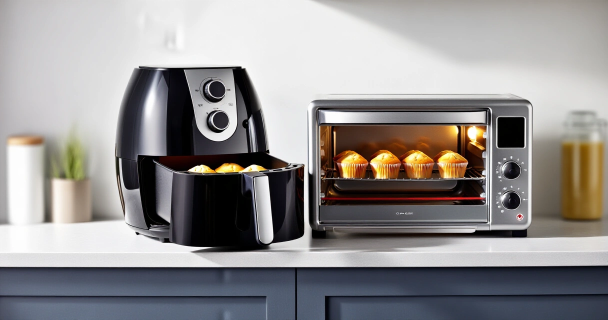 Airfryer ja sähköuuni vierekkäin keittiötasolla, airfryerissä muffinseja