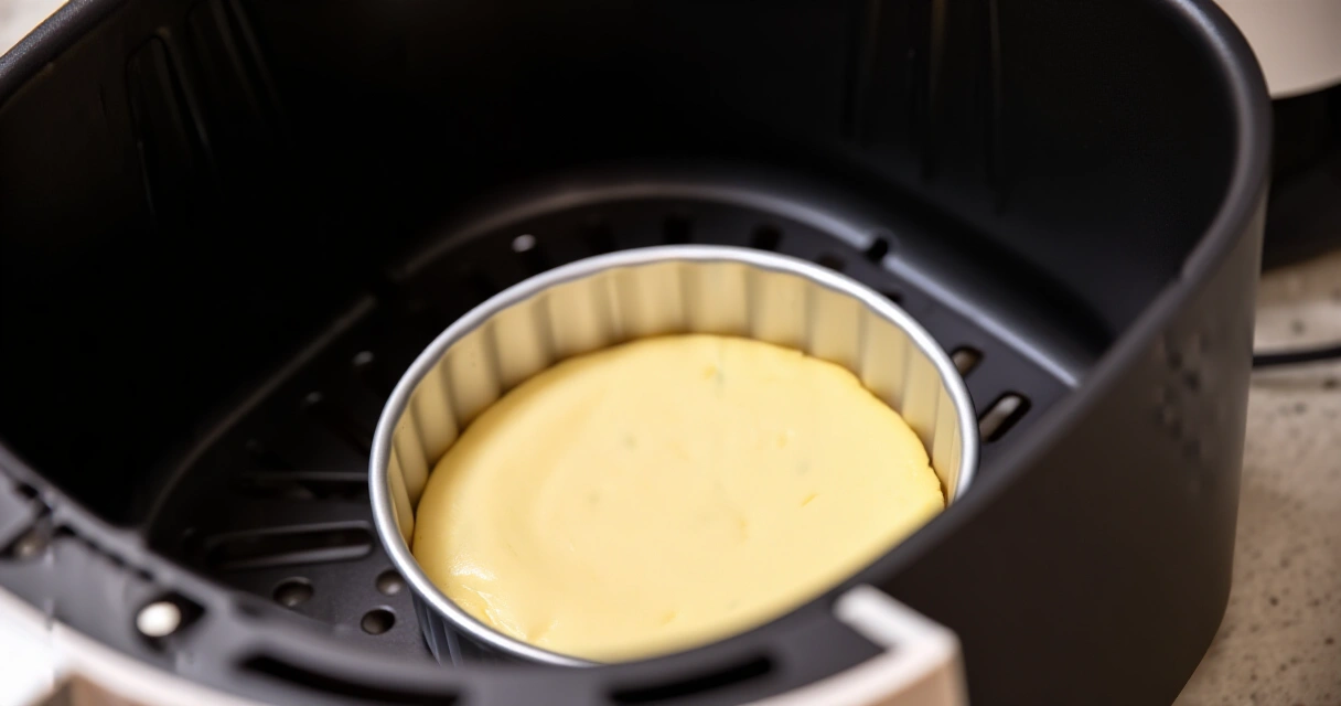 Airfryer juustokakku irtopohjavuoassa airfryerin korissa ennen paistoa