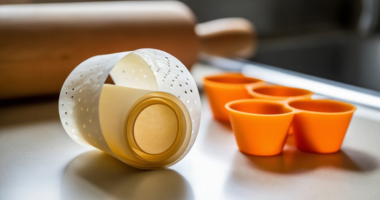 Perforoitu leivinpaperi ja silikonimuotit airfryer-leivontaan valmiina
