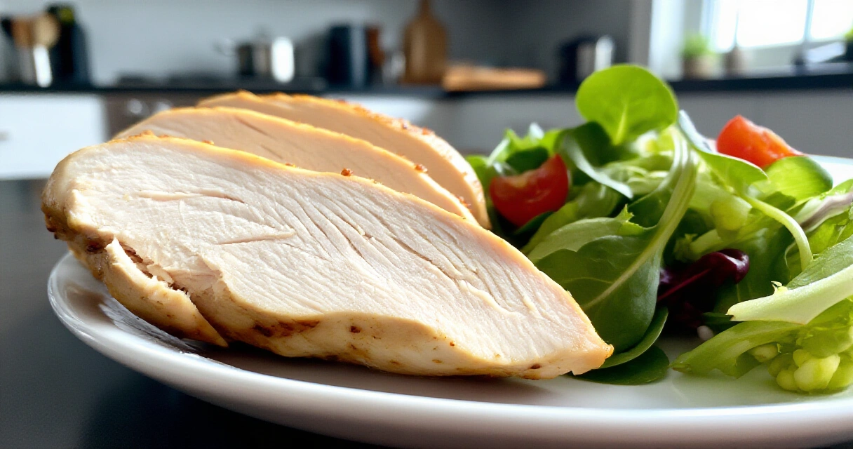 Kypsä airfryer-broilerin filee leikattuna lautasella