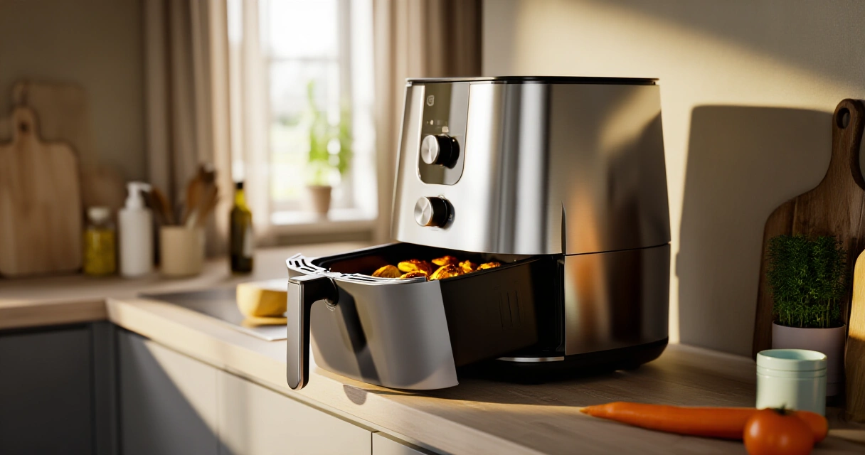 Kaksikerroksinen airfryer keittiön tiskillä, kaksi koria näkyvissä