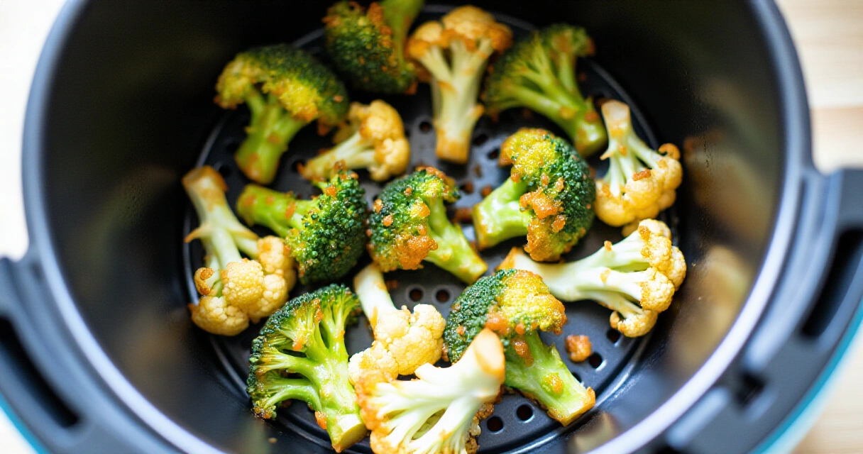 Rapeita parsakaali- ja kukkakaalipalloja airfryer-korissa kypsänä