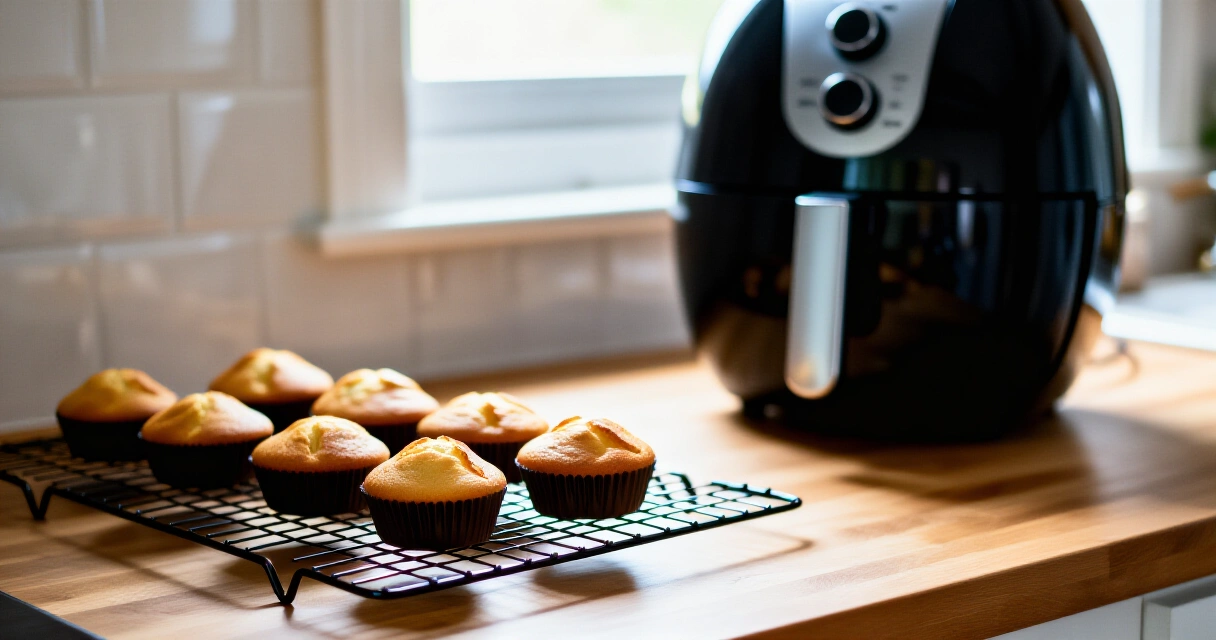Airfryerissa paistettuja kultaisia muffinseja jäähtymässä ritilällä keittiössä