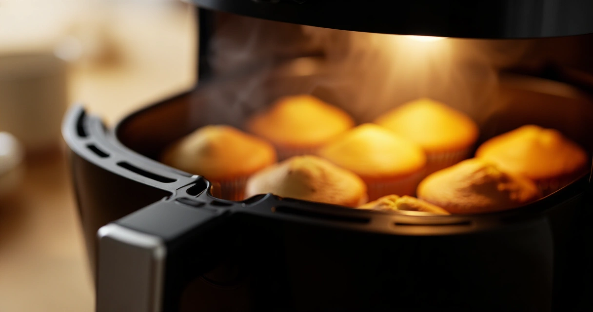 Kultaisia muffineita paistumassa airfryer-korissa